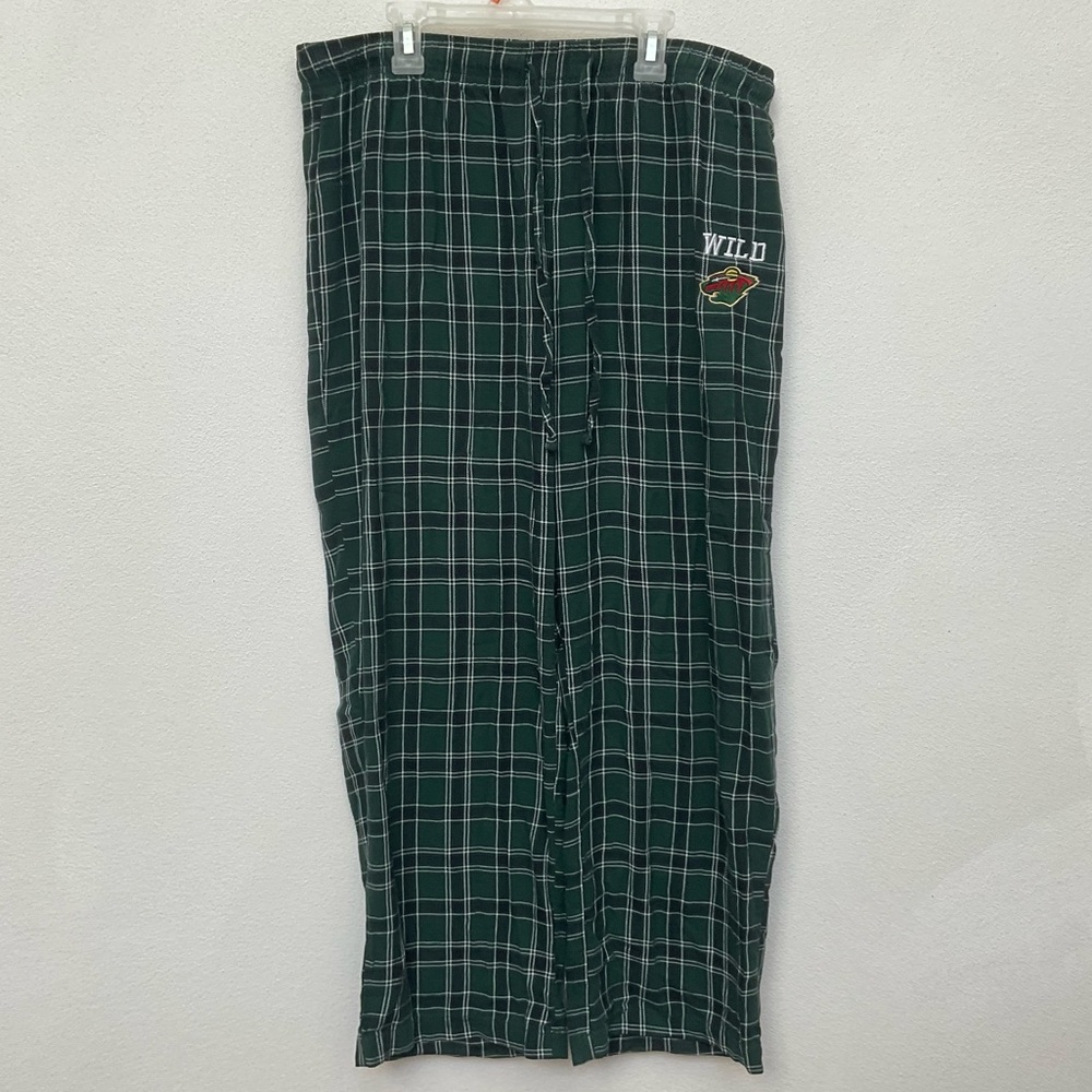 NHL Dark Green, White Plaid Minnesota Wild Embroidered Pajama Pants Size Large